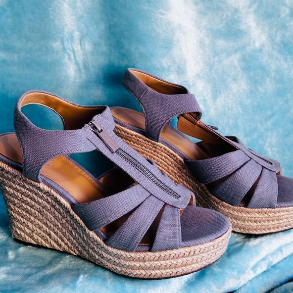MICHAEL Michael Kors Shoes - MICHAEL KORS Berkley Wedge Platform Sandal Light Blue Canvas Zip US- SZ 7M